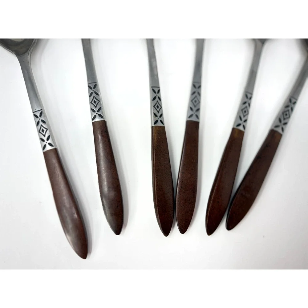 Set of 6 Epic EKCO Eterna Diamond Bowl Soup Spoons Wood Handle MCM Stainless
